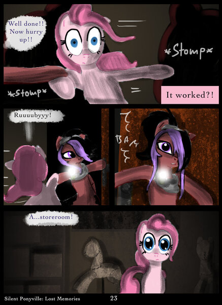 Size: 763x1047 | Tagged: artist:helenasherzblut, comic, derpibooru import, fanfic:silent ponyville, lost memories, mannequin, oc, oc:ruby crow, pinkie pie, safe