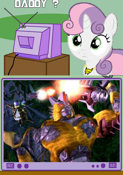 Size: 450x638 | Tagged: safe, derpibooru import, sweetie belle, pony, robot, robot pony, unicorn, beast wars, cheetor, exploitable meme, female, filly, foal, horn, meme, obligatory pony, sweetie bot, text, transformers, tv meme, voice actor joke, waspinator