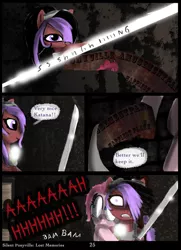 Size: 761x1051 | Tagged: artist:helenasherzblut, comic, derpibooru import, katana, lost memories, oc, oc:ruby crow, pinkie pie, safe, screaming, sword, weapon