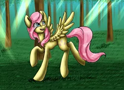Size: 3000x2181 | Tagged: safe, artist:artyjoyful, derpibooru import, fluttershy, pegasus, pony, crepuscular rays, female, forest, looking back, mare, running, smiling, solo