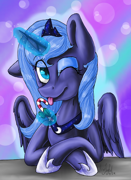 Size: 2181x3000 | Tagged: safe, artist:artyjoyful, derpibooru import, princess luna, candy cane, solo, tongue out, wink