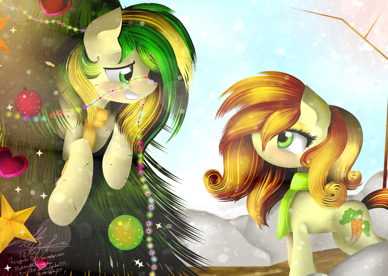 Size: 2800x2000 | Tagged: artist:thelyuba1211, carrot top, christmas tree, derpibooru import, glazetop, golden harvest, oc, oc:wooden toaster, ponyville, safe, snow, snowfall, tree, woodentoaster r63