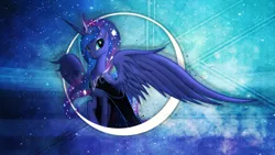 Size: 2560x1440 | Tagged: safe, artist:nemesis360, artist:rdbrony16, derpibooru import, princess luna, alicorn, pony, beautiful, clothes, color porn, dress, female, hexagon, mare, solo, space, sparkly mane, vector, wallpaper