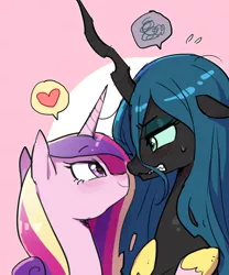 Size: 500x600 | Tagged: dead source, safe, artist:baekgup, derpibooru import, princess cadance, queen chrysalis, alicorn, changeling, changeling queen, abstract background, annoyed, blushing, cadalis, female, floppy ears, gritted teeth, heart, heart eyes, horn, lesbian, mare, missing accessory, shipping, smiling, speech bubble, sweatdrop, wingding eyes