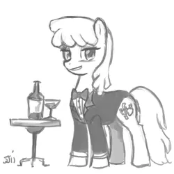 Size: 800x800 | Tagged: alcohol, artifact, artist:johnjoseco, berry punch, berryshine, bottle, bowtie, clothes, derpibooru import, glass, grayscale, jacket, monochrome, safe, solo, table, wine