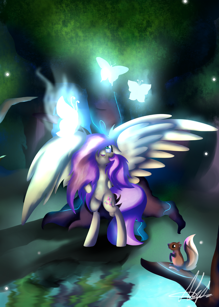 Size: 2000x2800 | Tagged: artist:thelyuba1211, butterfly, derpibooru import, everfree forest, fluttershy, lake, night, safe, squirrel