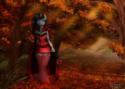 Size: 1500x1063 | Tagged: anthro, anthro oc, artist:lifyen, autumn, cloak, clothes, corset, curly hair, derpibooru import, forest, leaves, oc, oc:ametista blackpetal, rose, safe, solo, stockings, unofficial characters only