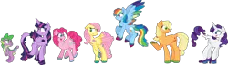 Size: 4450x1289 | Tagged: safe, artist:starryoak, derpibooru import, applejack, fluttershy, pinkie pie, rainbow dash, rarity, spike, twilight sparkle, twilight sparkle (alicorn), alicorn, classical unicorn, pony, alternate design, female, leonine tail, mane seven, mane six, mare, simple background, transparent background, unshorn fetlocks