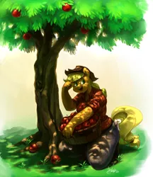 Size: 2014x2335 | Tagged: safe, artist:audrarius, derpibooru import, applejack, anthro, earth pony, apple, apple tree, clothes, cowboy hat, female, food, hat, jeans, open mouth, pants, plaid, plaid shirt, smiling, solo, stetson, sweat, tree