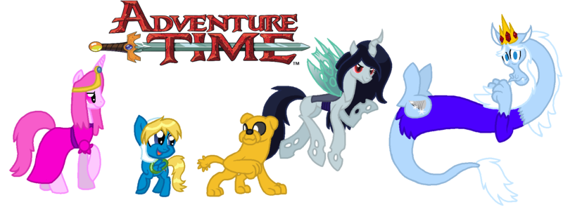 Size: 1921x732 | Tagged: safe, artist:kinnichi, artist:starryoak, derpibooru import, ponified, alicorn, changeling, diamond dog, draconequus, pegasus, pony, adventure time, changelingified, diamond dogified, draconequified, finn the human, ice king, jake the dog, marceline, princess bubblegum, simple background, transparent background