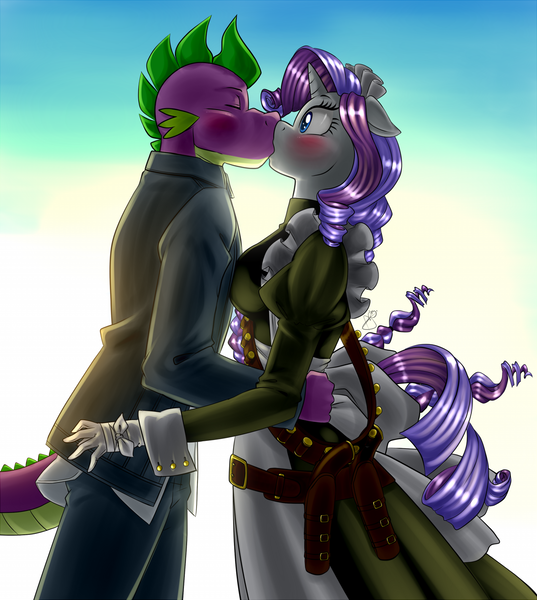 Size: 1200x1342 | Tagged: safe, artist:pia-sama, derpibooru import, rarity, spike, anthro, black lagoon, cathy weseluck, crossover, female, garcia, kissing, male, roberta, shipping, sparity, straight, tabitha st. germain, voice actor joke