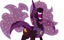 Size: 1236x768 | Tagged: safe, artist:starryoak, artist:twiily-bases, derpibooru import, nightmare moon, alicorn, pony, darkhorse knight, ethereal mane, rule 63, scene interpretation, simple background, solo, starry mane, transparent background