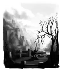 Size: 1472x1664 | Tagged: artist:zlack3r, city, derpibooru import, monochrome, safe, scenery, statue, tree