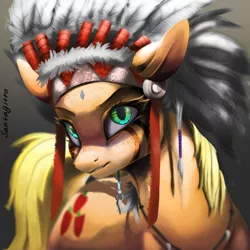 Size: 2000x2000 | Tagged: safe, artist:santagiera, derpibooru import, applejack, earth pony, pony, badass, face paint, female, headdress, indian, mare, native american, solo, squawjack, tribal, war paint