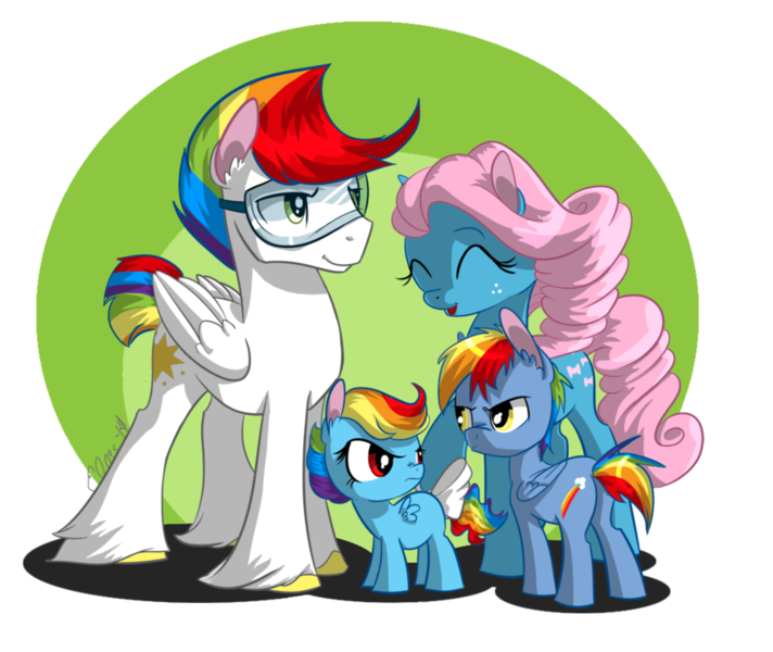 Size: 900x758 | Tagged: safe, artist:ellisarts, derpibooru import, rainbow blaze, rainbow dash, starshine, bowtie, colt, family, filly, tail bow