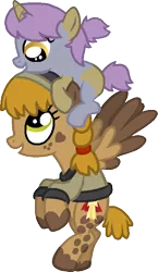 Size: 470x813 | Tagged: safe, artist:lizziepadbases, artist:starryoak, derpibooru import, oc, oc:autumn tumble, oc:golden tales, unofficial characters only, pegasus, pony, unicorn, offspring, parent:dinky hooves, parent:pipsqueak, parents:dinkysqueak, ponies riding ponies, simple background, transparent background