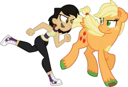 Size: 1284x876 | Tagged: safe, artist:starryoak, derpibooru import, applejack, earth pony, human, pony, crossover, running, simple background, sky, total drama island, transparent background, unshorn fetlocks