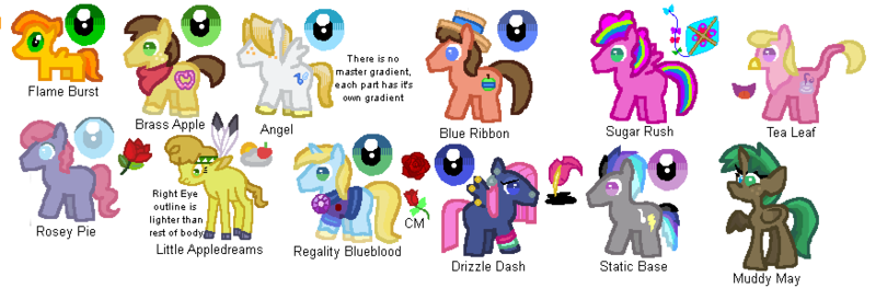 Size: 875x288 | Tagged: safe, artist:kturtle, artist:starryoak, derpibooru import, oc, oc:angel, oc:blue ribbon, oc:brass apple, oc:flame burst, oc:muddy may, oc:regality blueblood, oc:rosey pie, oc:static base, oc:sugar rush, oc:tea leaf, unofficial characters only, alicorn, earth pony, hybrid, pegasus, pony, unicorn, alicorn oc, bisony, flower, kite, magical lesbian spawn, offspring, parent:applejack, parent:big macintosh, parent:braeburn, parent:caramel, parent:fluttershy, parent:frederic horseshoepin, parent:gilda, parent:hairspray, parent:lily, parent:little strongheart, parent:neon lights, parent:pinkie pie, parent:prince blueblood, parent:quarterback, parent:rainbow dash, parent:trixie, parent:vinyl scratch, parents:bluetrix, parents:braeheart, parents:carajack, parents:fluttermac, parents:fredtavia, parents:pinkiedash, parents:soarinfire, parents:vinylights, reference sheet, rose