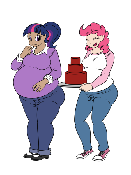 Size: 1500x2000 | Tagged: dead source, safe, artist:bigponiesinc, derpibooru import, pinkie pie, twilight sparkle, human, ask feedee twilight, belly, breasts, cake, chubby, converse, cute, fat, feedee, feeder, female, food, humanized, lesbian, red velvet cake, shipping, simple background, thighlight sparkle, transparent background, twilard sparkle, twinkie, weight gain