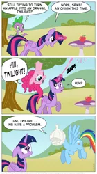 Size: 682x1221 | Tagged: safe, artist:kturtle, derpibooru import, pinkie pie, rainbow dash, spike, twilight sparkle, twilight sparkle (alicorn), alicorn, pony, too many pinkie pies, apple, comic, female, magic, mare, onion, onion head, scene interpretation, spell gone wrong, tree