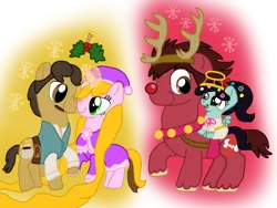 Size: 1600x1200 | Tagged: safe, artist:dulcechica19, derpibooru import, ponified, pegasus, pony, unicorn, angel, boop, christmas, clothes, costume, dress, eye contact, female, flynn rider, halo, holding hooves, holly, holly mistaken for mistletoe, male, noseboop, open mouth, ponies riding ponies, rapunzel, rudolph the red nosed reindeer, shipping, sitting, smiling, snow, snowflake, straight, tangled (disney), vanellope von schweetz, wreck-it ralph