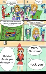 Size: 1024x1638 | Tagged: semi-grimdark, artist:jurgenzuo, derpibooru import, adagio dazzle, aria blaze, sonata dusk, sunset shimmer, equestria girls, adagiabuse, ariabuse, bullying, clothes, comic, comic sans, crying, hat, implied hanging, implied suicide, malaysia, malaysia airlines, mh370, middle finger, noose, out of character, razor blade, santa costume, santa hat, sonatabuse, the dazzlings, ticket, vulgar, we are going to hell