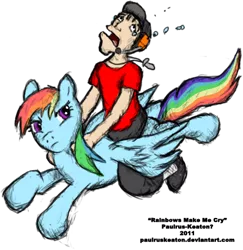 Size: 442x454 | Tagged: artist:paulrus-keaton, crossover, crying, derpibooru import, human, human on top, humans riding ponies, pun, rainbow dash, rainbows make me cry, riding, safe, scout, team fortress 2