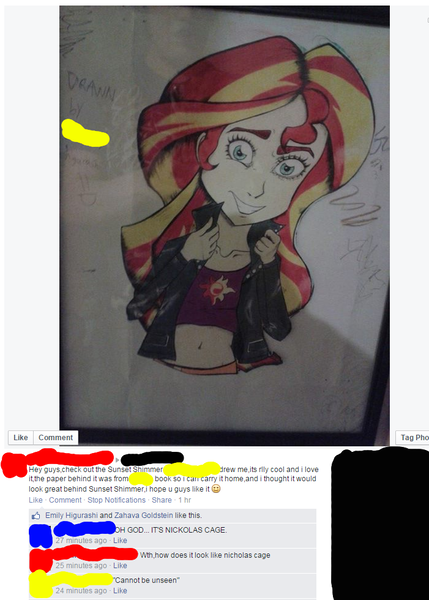 Size: 701x980 | Tagged: safe, derpibooru import, sunset shimmer, facebook, look-alike, nicolas cage, traditional art