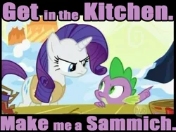 Size: 720x540 | Tagged: derpibooru import, image macro, meme, purple text, rarity, safe, sandwich, sexism, spike