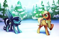 Size: 800x537 | Tagged: safe, artist:shinepawpony, derpibooru import, oc, unofficial characters only, pegasus, pony, unicorn, clothes, magic, scarf, snow, snowball fight, tree, winter