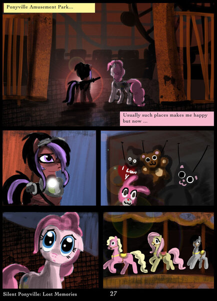 Size: 761x1051 | Tagged: artist:helenasherzblut, carousel, comic, derpibooru import, fanfic:silent ponyville, fluttershy, lost memories, oc, oc:ruby crow, pinkie pie, safe