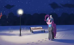 Size: 3200x1947 | Tagged: safe, artist:mrscroup, derpibooru import, pinkie pie, earth pony, pony, bench, clothes, cloud, cute, diapinkes, hat, lamppost, night, sad, scarf, snow, solo, stars, winter