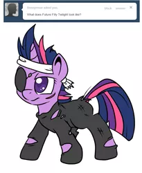 Size: 673x821 | Tagged: artist:lustrous-dreams, ask, ask filly twilight, clothes, derpibooru import, eyepatch, filly, future twilight, safe, solo, tumblr, twilight sparkle, younger