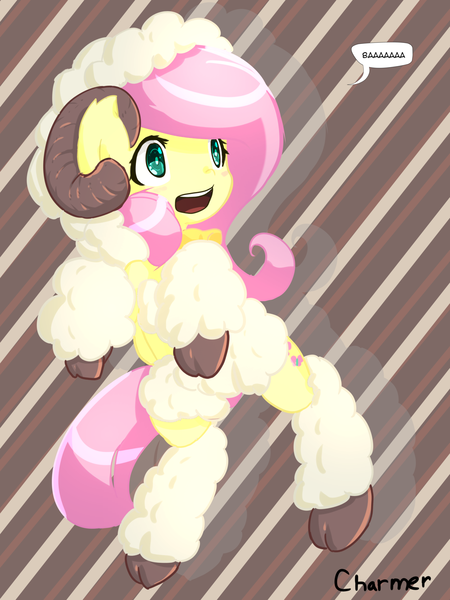 Size: 1280x1707 | Tagged: safe, artist:acharmingpony, derpibooru import, fluttershy, pony, sheep, animal costume, bipedal, clothes, costume, fluttersheep, ram horns, solo, year of the sheep