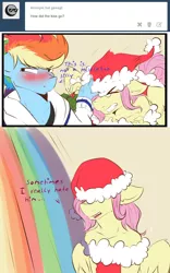 Size: 1200x1924 | Tagged: dead source, safe, artist:rainbowscreen, derpibooru import, fluttershy, rainbow dash, anthro, ask the gaylord, ask, blushing, butterblitz, butterscotch, comic, flutterdash, gay, hat, holly, holly mistaken for mistletoe, male, rainbow blitz, rule 63, santa hat, shipping, shipping denied, subverted holly mistaken for mistletoe