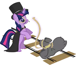 Size: 789x670 | Tagged: safe, artist:signupfree, derpibooru import, twilight sparkle, pony, anon pony, cape, clothes, commission, dastardly whiplash, evil, hat, magic, monocle, moustache, peril, pure unfiltered evil, rope, solo, tied to tracks, tied up, top hat, train tracks, your character here