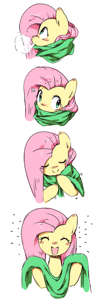 Size: 574x1691 | Tagged: artist:30clock, blushing, breath, clothes, comic, cute, derpibooru import, eyes closed, fluttershy, happy, hoof hold, looking at you, open mouth, pov, safe, scarf, shyabetes, smiling, solo