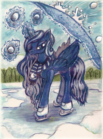 Size: 438x594 | Tagged: artist:swallowchaser, clothes, derpibooru import, ice skating, magic, princess luna, safe, scarf, shield, snow, snowball fight, solo, telekinesis