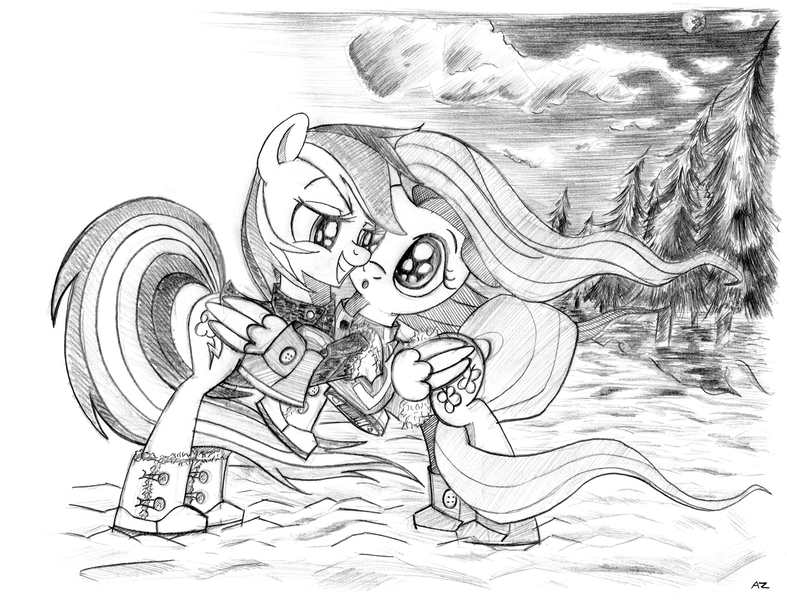 Size: 3282x2502 | Tagged: safe, artist:uminanimu, derpibooru import, fluttershy, rainbow dash, grayscale, monochrome