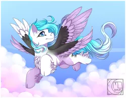 Size: 1280x1000 | Tagged: safe, artist:little-noko, derpibooru import, oc, unofficial characters only, pony, cheek fluff, chest fluff, cloud, cloven hooves, colored wings, digital art, double wings, female, flying, gradient tail, hoof fluff, mare, multiple wings, signature, sky, solo, spread wings, two toned wings, windswept mane, wings