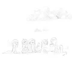 Size: 1920x1536 | Tagged: angel bunny, applejack, artist:zlack3r, cloud, derpibooru import, fluttershy, mane six, monochrome, picnic, pinkie pie, rain, rainbow dash, rarity, safe, sketch, twilight sparkle