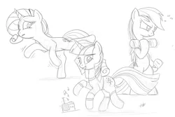 Size: 1512x1012 | Tagged: artist:zlack3r, derpibooru import, monochrome, rainbow dash, rarity, safe, sketch, twilight sparkle, workout