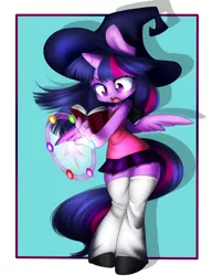 Size: 1280x1656 | Tagged: anthro, artist:lolopan, artist:noodlefreak88, clothes, derpibooru import, hat, miniskirt, pleated skirt, safe, skirt, socks, solo, tanktop, twilight sparkle, twilight sparkle (alicorn), witch hat, zettai ryouiki