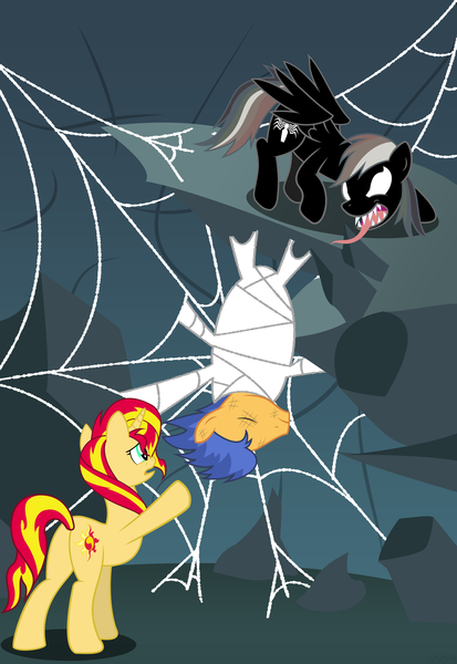 Size: 2570x3733 | Tagged: safe, artist:gamerpen, derpibooru import, flash sentry, rainbow dash, sunset shimmer, pegasus, pony, unicorn, bondage, cocoon, crossover, female, flashimmer, male, shipping, spider web, spider-man, straight, symbiote, venom