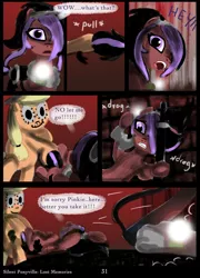 Size: 758x1053 | Tagged: applejack-doll, artist:helenasherzblut, comic, derpibooru import, fanfic:silent ponyville, grimdark, looking back, lost memories, oc, oc:ruby crow, unofficial characters only