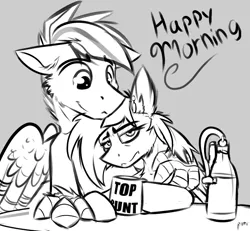 Size: 1106x1022 | Tagged: artist:ralek, coffee mug, derpibooru import, drugs, fallout equestria, monochrome, morning, oc, oc:sapphire sights, oc:silver lining, safe, size difference, snuggling, steady, swearing, tired, top cunt, unofficial characters only, vulgar