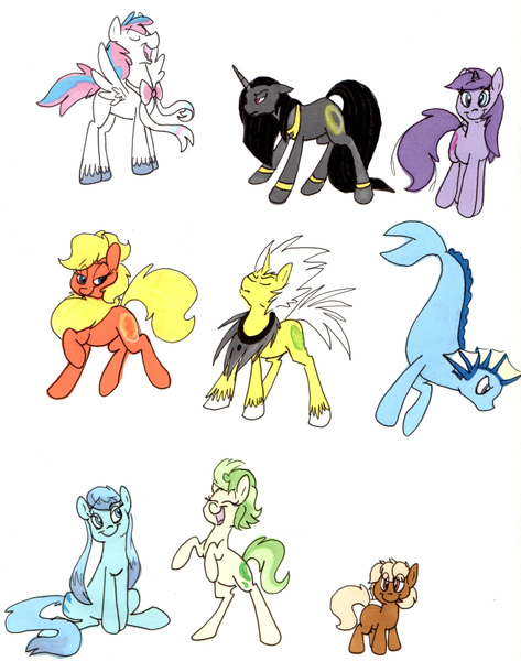 Size: 2002x2542 | Tagged: safe, artist:frankilew, derpibooru import, ponified, earth pony, eevee, espeon, flareon, glaceon, jolteon, leafeon, pegasus, pony, sea pony, sylveon, umbreon, unicorn, vaporeon, ear fins, eeveelutions, female, foal, male, mare, pokémon, rearing, simple background, stallion, white background