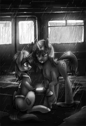 Size: 683x1000 | Tagged: safe, artist:limreiart, derpibooru import, part of a set, oc, oc:homage, oc:littlepip, unofficial characters only, pony, unicorn, fallout equestria, fanfic, bedroom eyes, black and white, chest fluff, clothes, cutie mark, fanfic art, female, grayscale, grin, hoof fluff, hooves, horn, lesbian, mare, monochrome, oc x oc, pipbuck, rain, raised hoof, shipping, sitting, smiling, standing, vault suit, wet mane