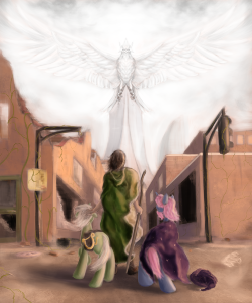 Size: 1000x1200 | Tagged: artist:phiktorial, derpibooru import, fanfic, fanfic art, fanfic:the last human, human, lyra heartstrings, post-apocalyptic, roc, ruins, safe, star swirl the bearded, the white roc