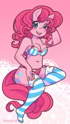 Size: 423x751 | Tagged: anthro, artist:boitebiscuit, clothes, derpibooru import, female, frilly underwear, pinkie pie, pink underwear, plump, ribbon, socks, solo, solo female, stockings, striped socks, striped underwear, suggestive, underwear